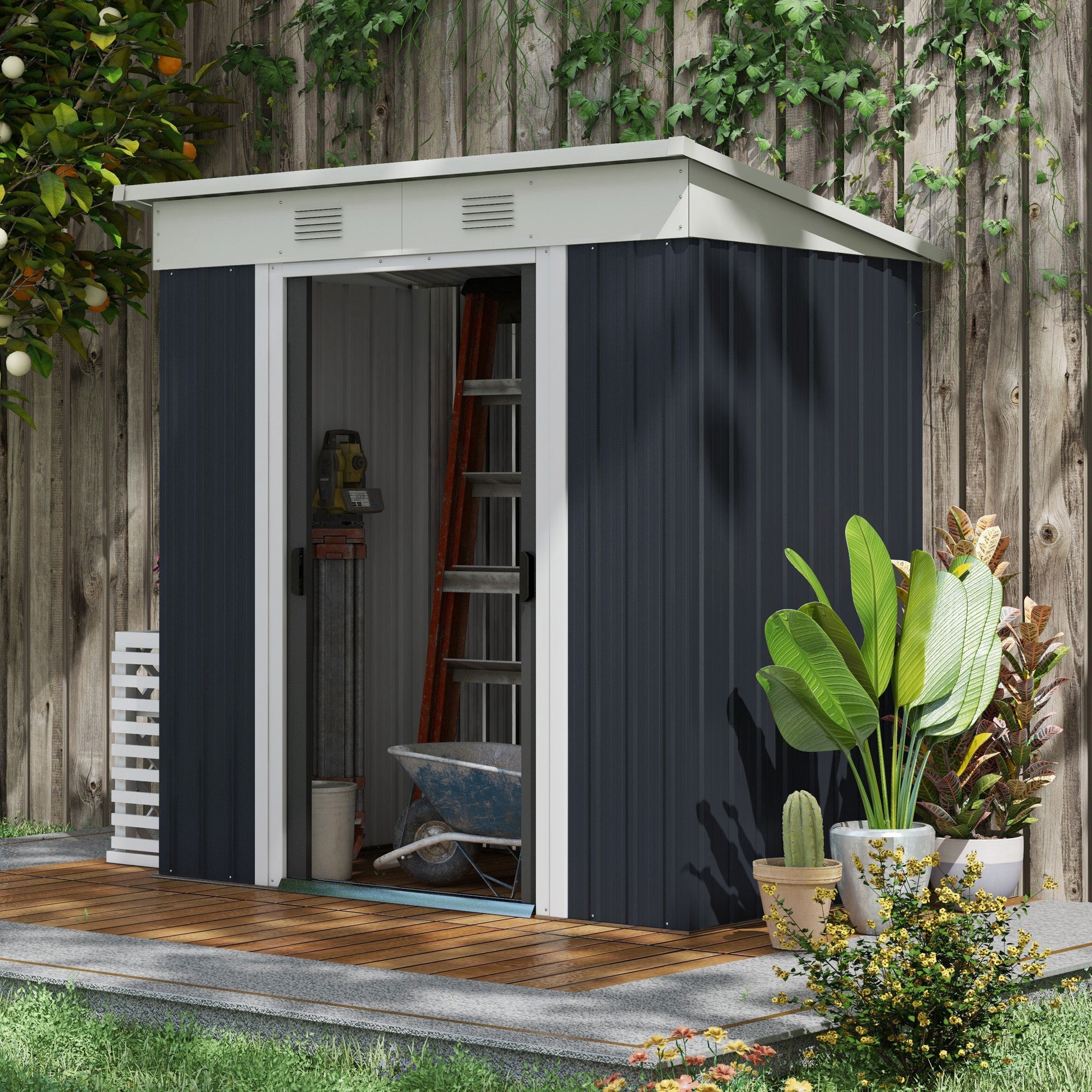 Outsunny 6'x4' Outdoor Metal Storage Shed Garden Tool Organizer Lockable Sliding Doors Vents Charcoal Grey