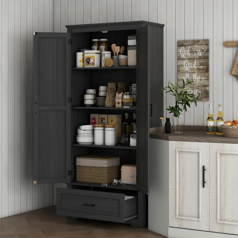 69" Tall Farmhouse Kitchen Pantry Cabinet with 2 Doors, Drawer and Adjustable Shelves, Black Wood Grain