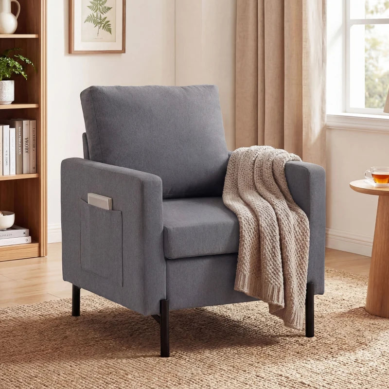 Accent Chair Modern Upholstered Armchair with Side Pockets and Cushion for Bedroom, Living Room, Dark Grey