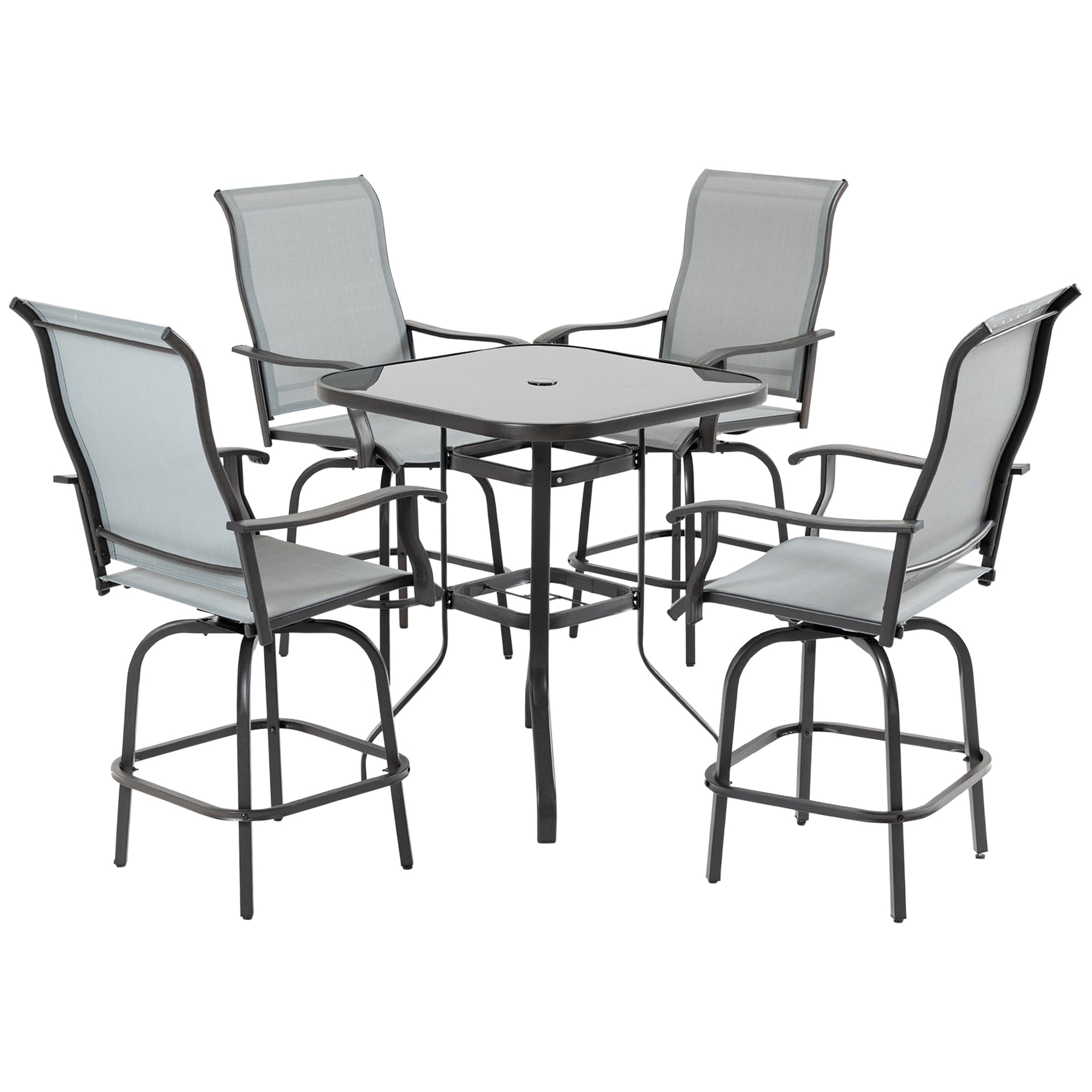 Outsunny Patio Furniture Set 5 Pieces Grey Outdoor Garden with Tempered Glass Table 4 Swivel Chairs Conversation Set