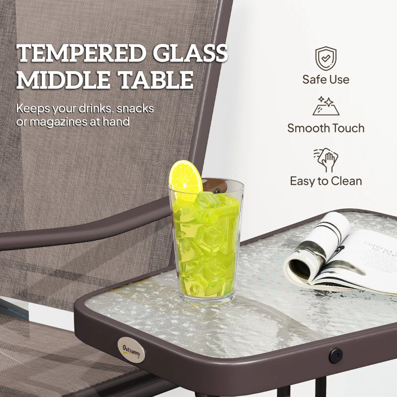 Double Patio Glider Chair with Glass Top Center Table, Outdoor Glider Loveseat with High Back, All Weather Breathable Mesh Fabric for Garden, Backyard, Deck, Brown