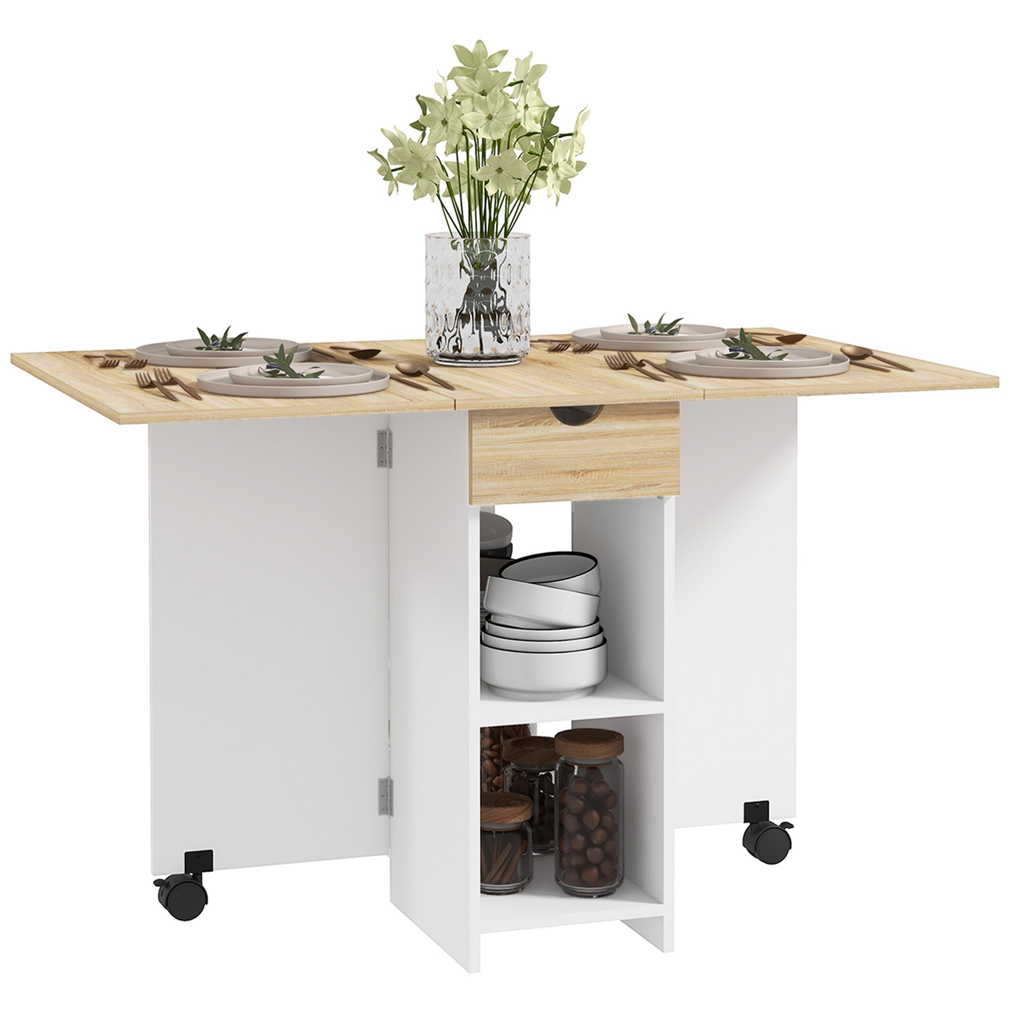 HOMCOM Space Saving Folding Dining Table Set with Storage Oak Drop Leaf Kitchen Table with Drawer Shelves for Small Areas