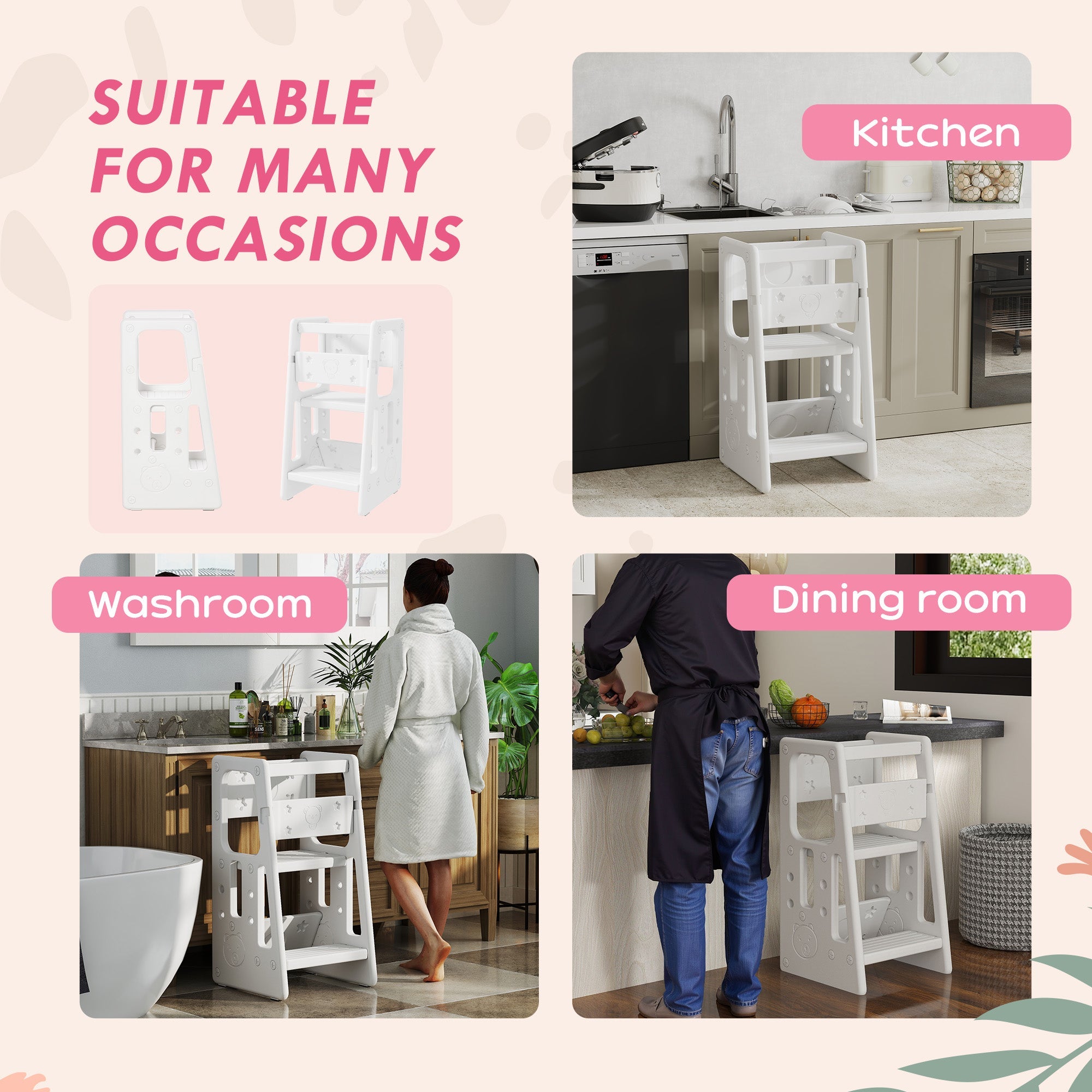 Qaba Adjustable Kids Step Stool, Toddler Kitchen Standing Tower with 3 Heights, White