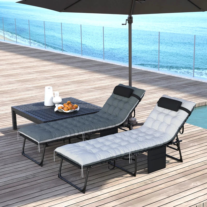 Outdoor Lounge Chair Set of 2, Folding Chaise Lounge Tanning Chair with Cushion, Side Pocket, Black/Grey
