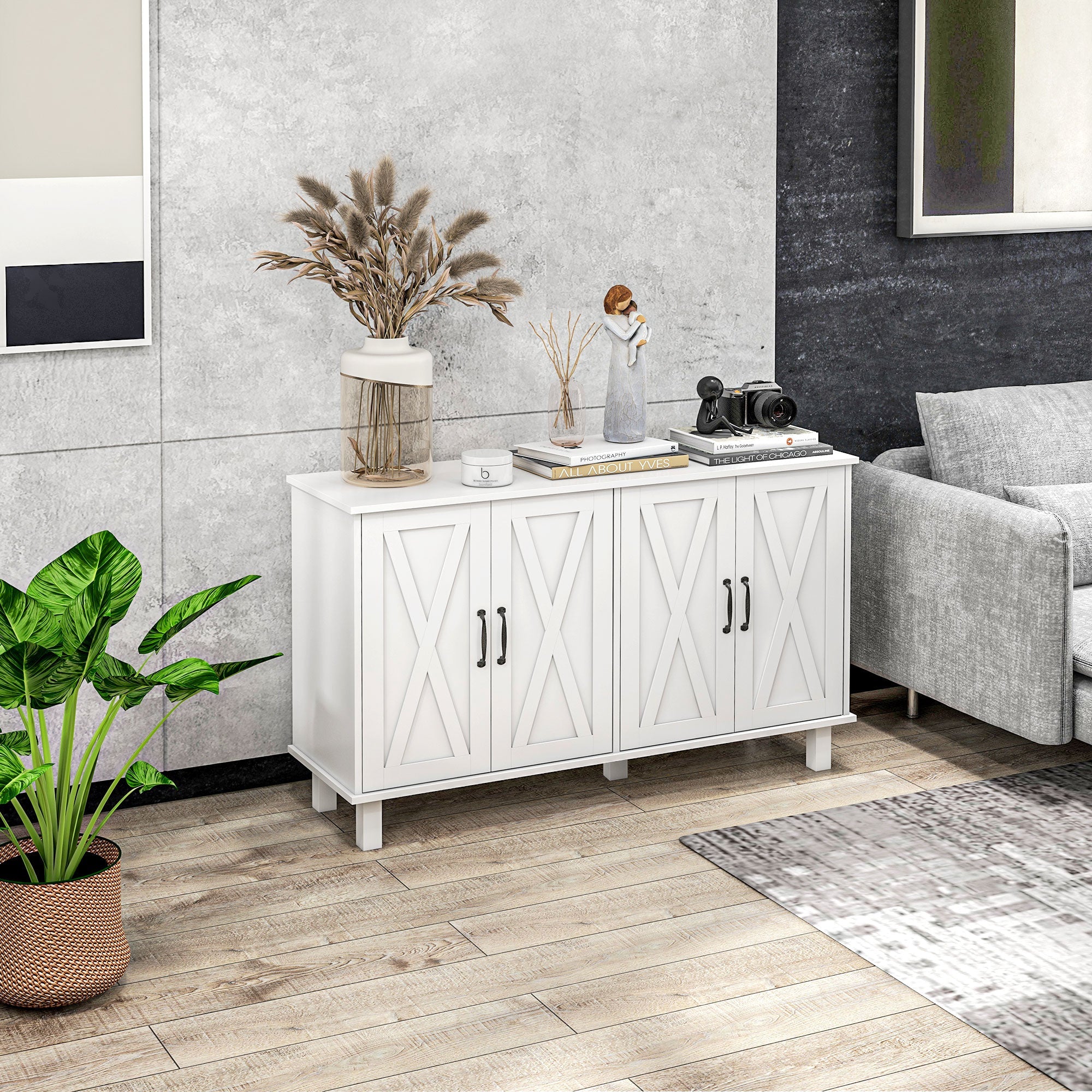 HOMCOM White 4-Door Buffet Table: Kitchen Sideboard Bar Cabinet with Barn Doors and 2 Adjustable Shelves for Living Room, Hallway