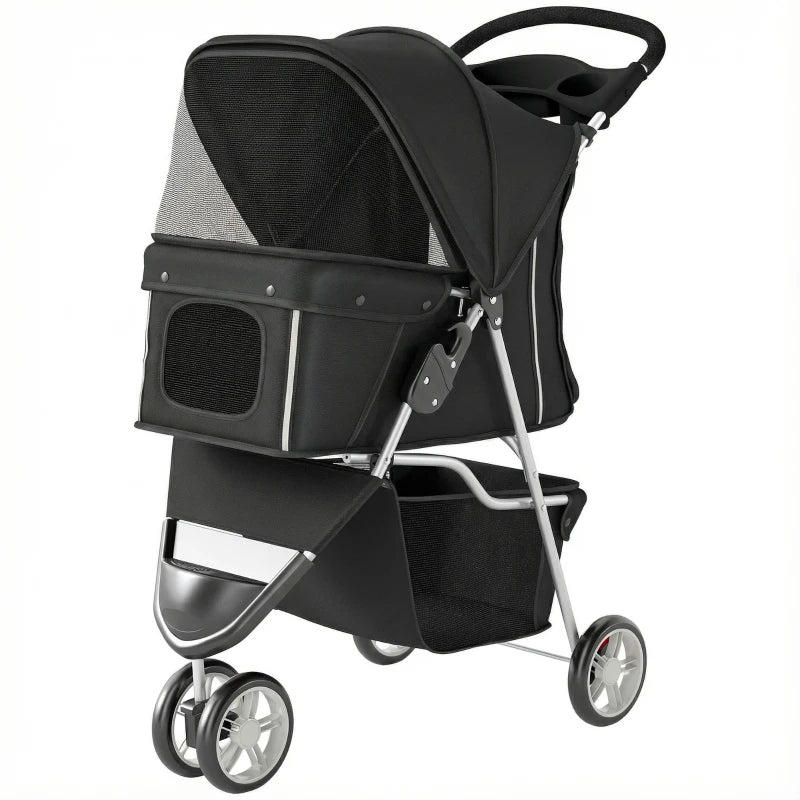 3 Wheels Foldable Dog Stroller with Storage Basket, Adjustable Canopy, Cupholder for Miniature and Small Dogs, Black