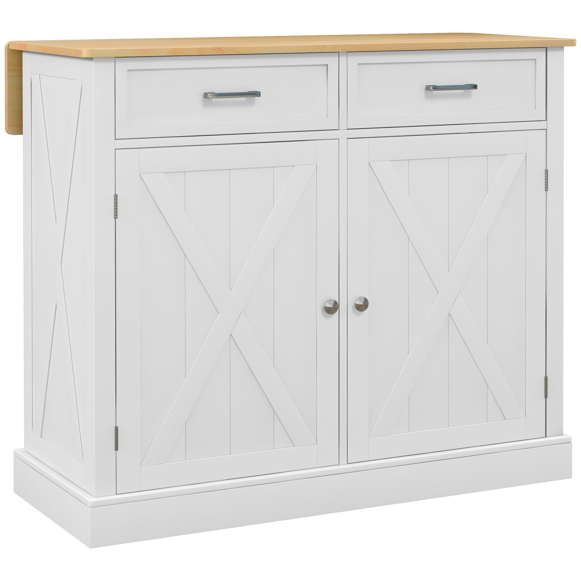 HOMCOM Farmhouse Kitchen Cart: White, Rolling Island, Drop Leaf, Wood Breakfast Bar, 2 Drawers, Adjustable Shelves