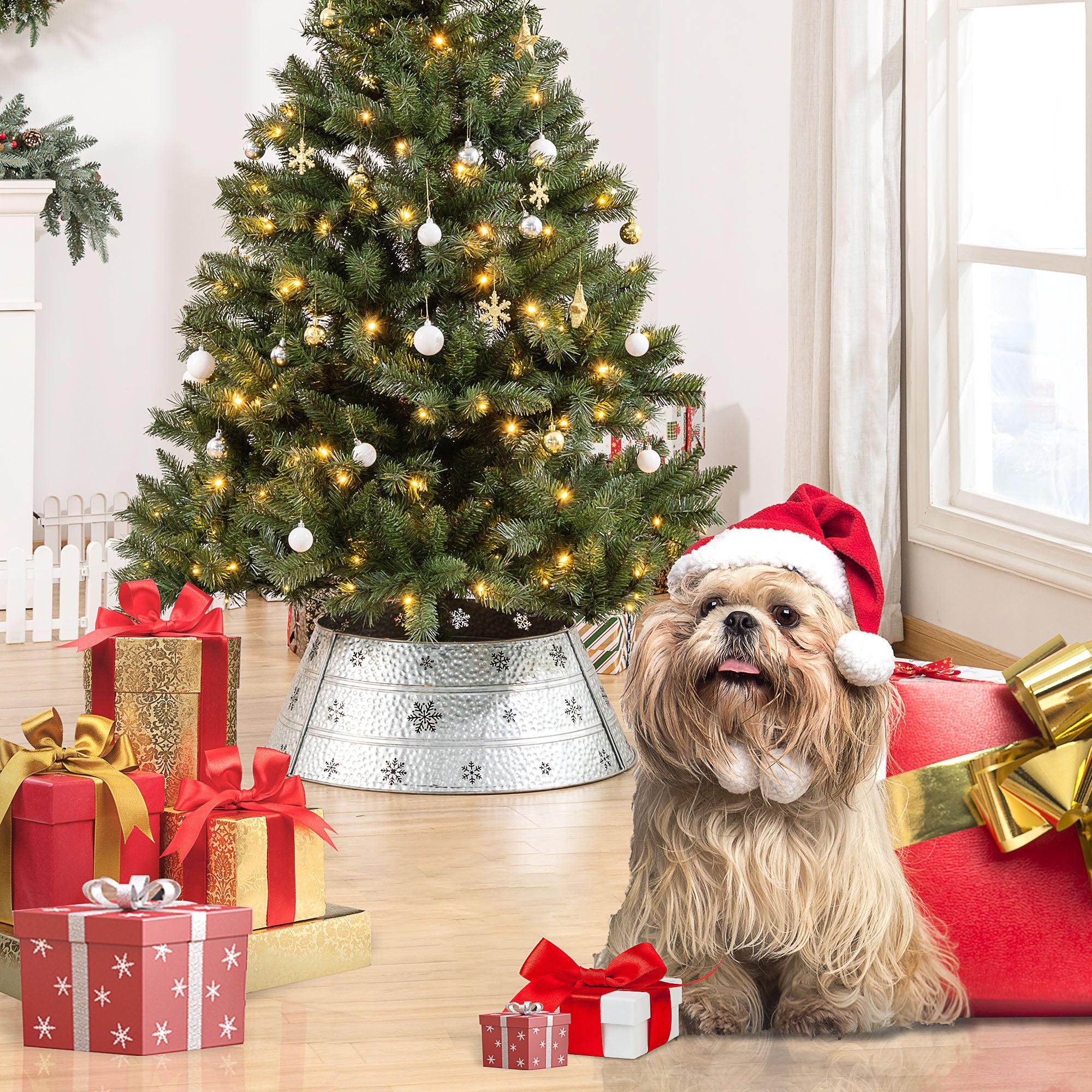 HOMCOM 26" Christmas Tree Base Cover, Christmas Tree Collar with Hollow Snowflake Pattern for Holiday, Party, Silver