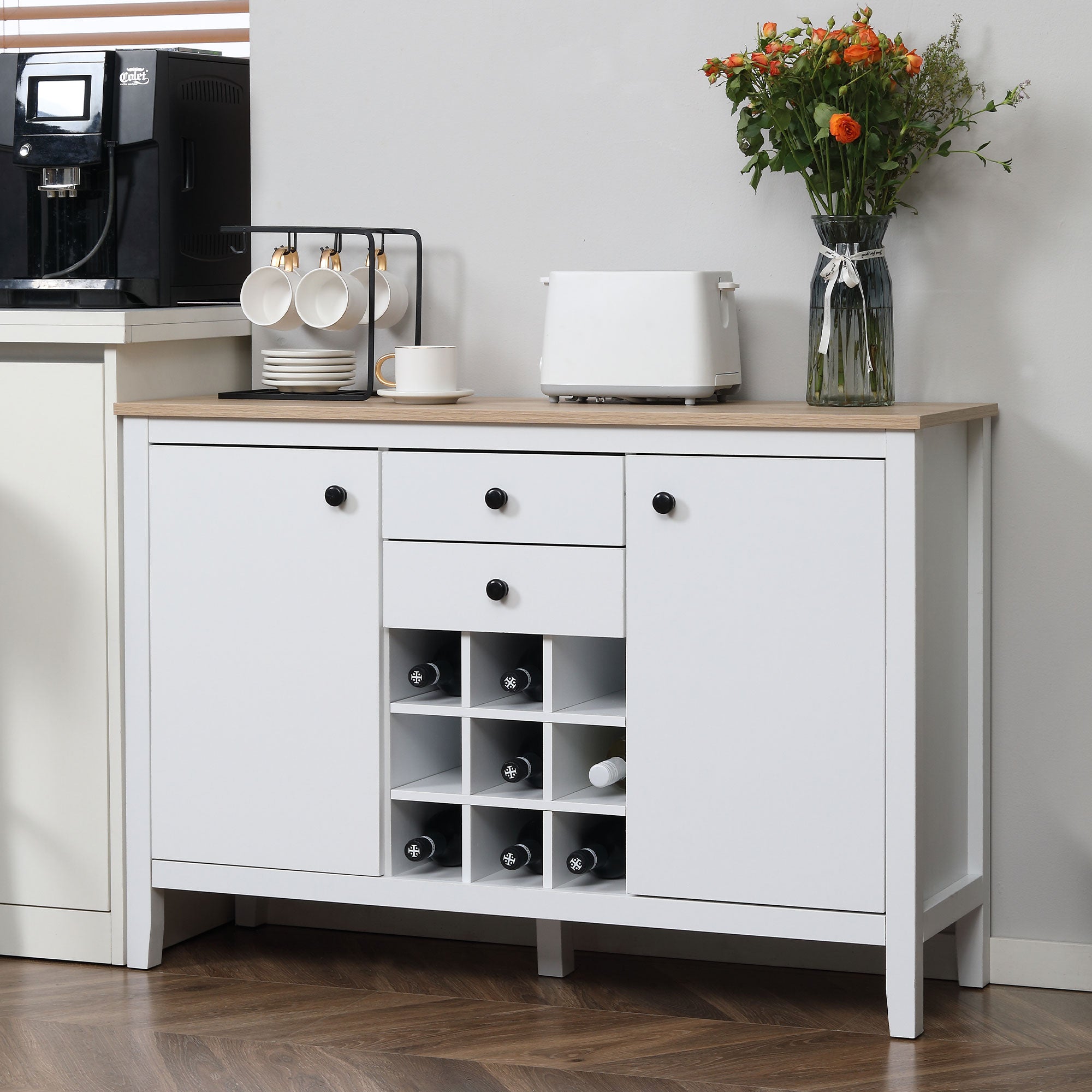 HOMCOM Rustic Buffet Cabinet with Wine Rack: Sideboard with Storage Cabinets, Drawers and Adjustable Shelves for Living Room