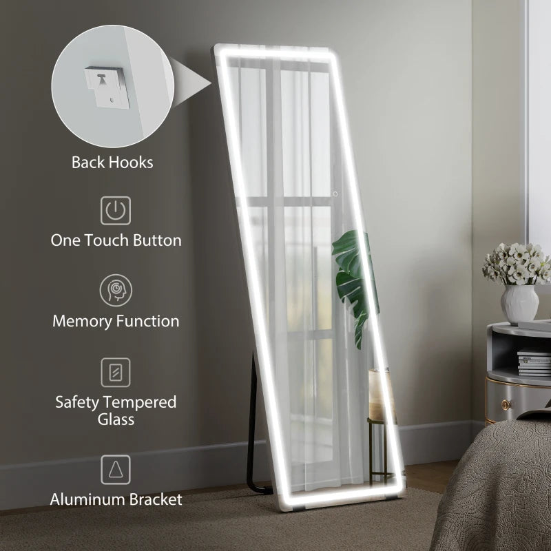 LED Full Length Mirror, Standing Body Mirror with 3 Colour Lighting for Bedroom Living Room