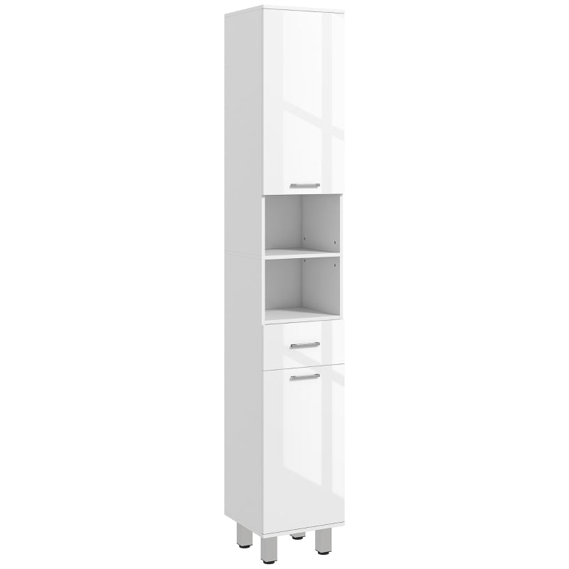 71" Tall Bathroom Storage Cabinet, Narrow Linen Tower with Drawer, Open Shelves, 2 Doors Cabinets and Adjustable Shelves, High Gloss White