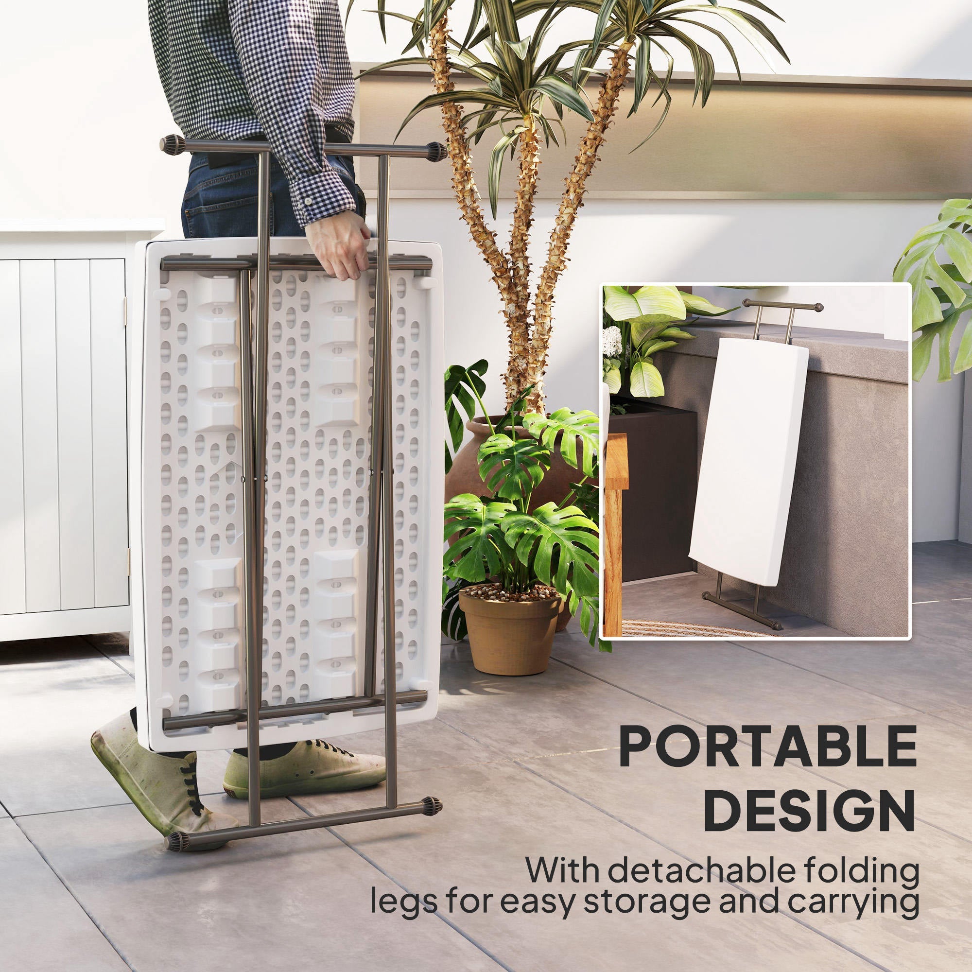 Outsunny Folding Outdoor Patio Table, 3-Level Adjustable Camping Table Picnic Table with HDPE Top, Steel Legs, White