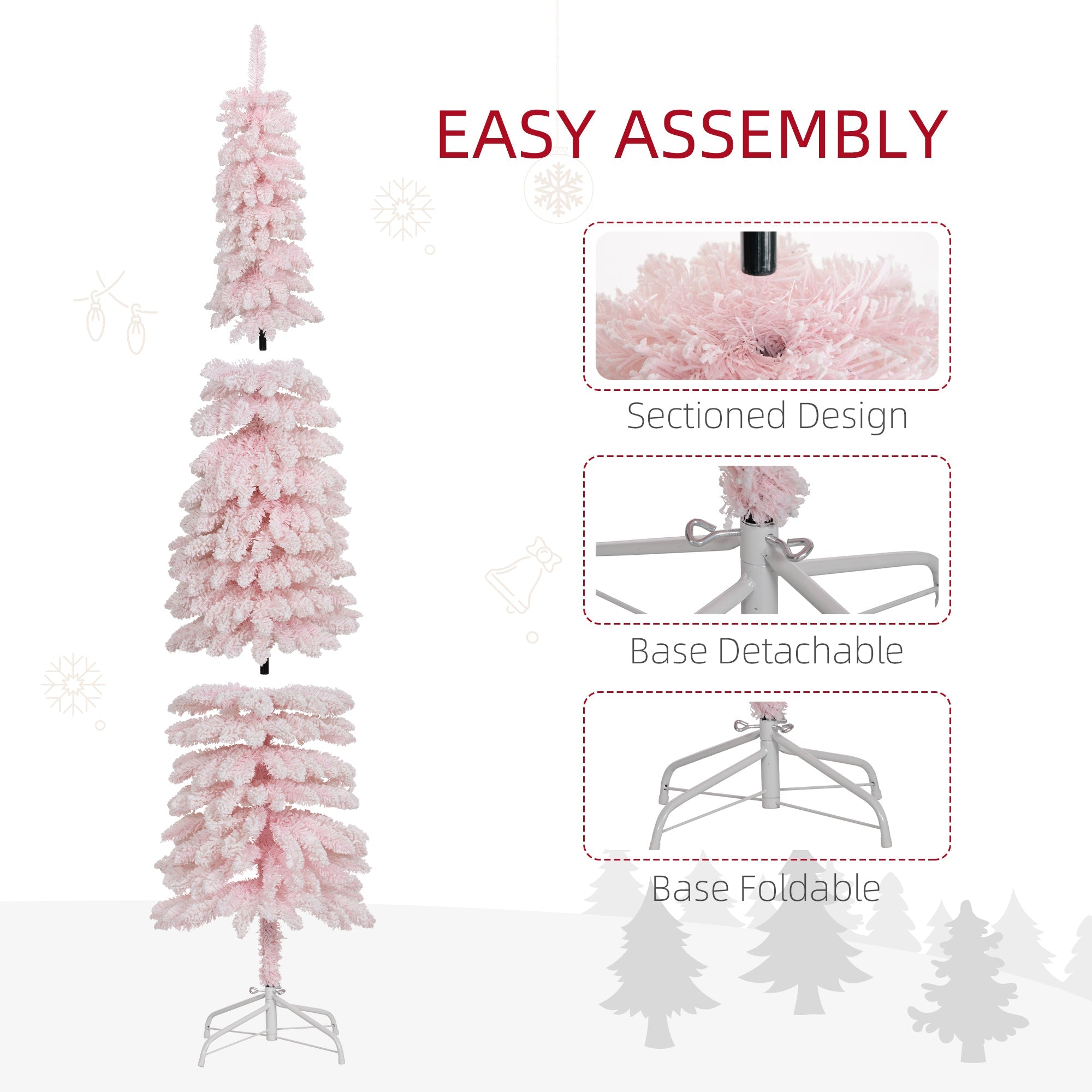 HOMCOM 7ft Snow-Flocked Artificial Christmas Tree, Slim Pencil Xmas Tree with 490 Realistic Branches, Metal Base, Pink
