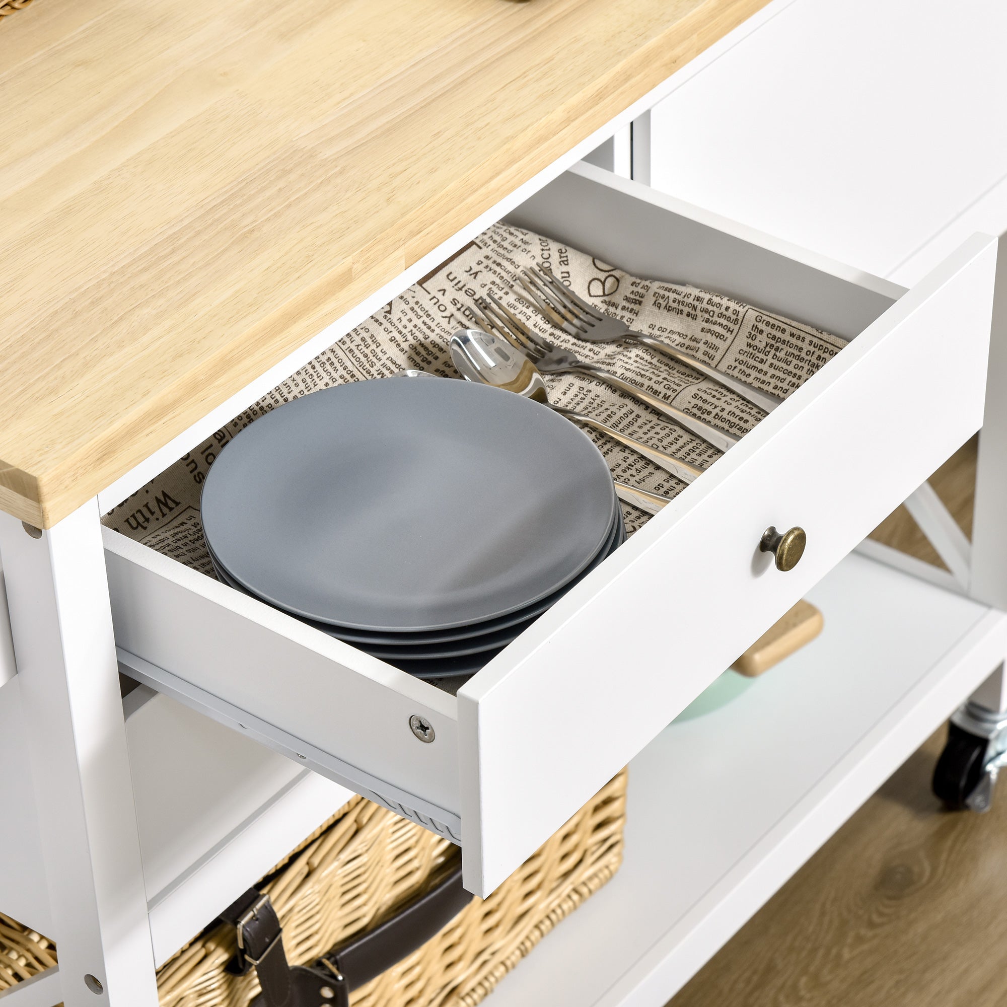 HOMCOM White Utility Kitchen Trolley: Rubberwood Top Island Cart with 2 Drawers, Towel Rack & Storage Solution