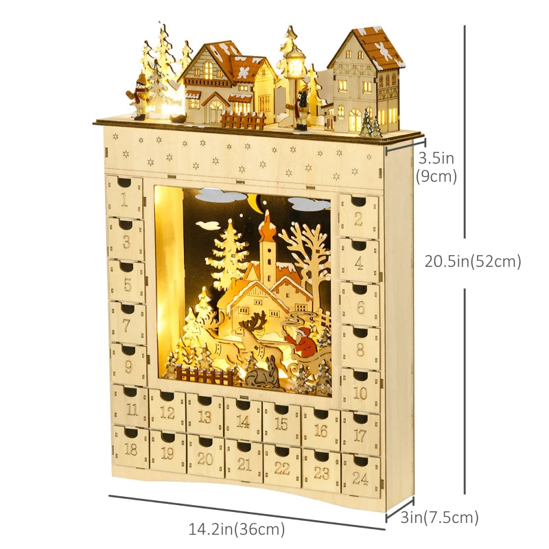 HOMCOM Wooden Christmas Advent Calendar – 24 Fillable Countdown Drawers with LED Lights, Battery Operated, Reusable