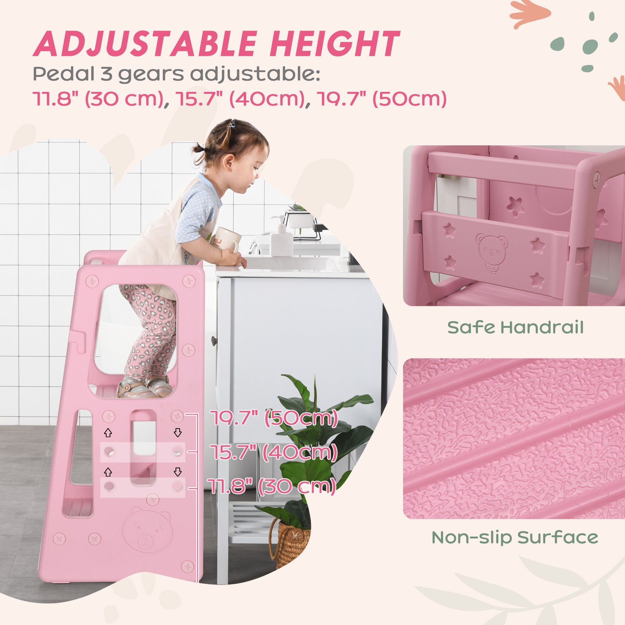Qaba Toddler Kitchen Helper 2 Step Stool with Adjustable Height Platform and Safety Rail, Pink