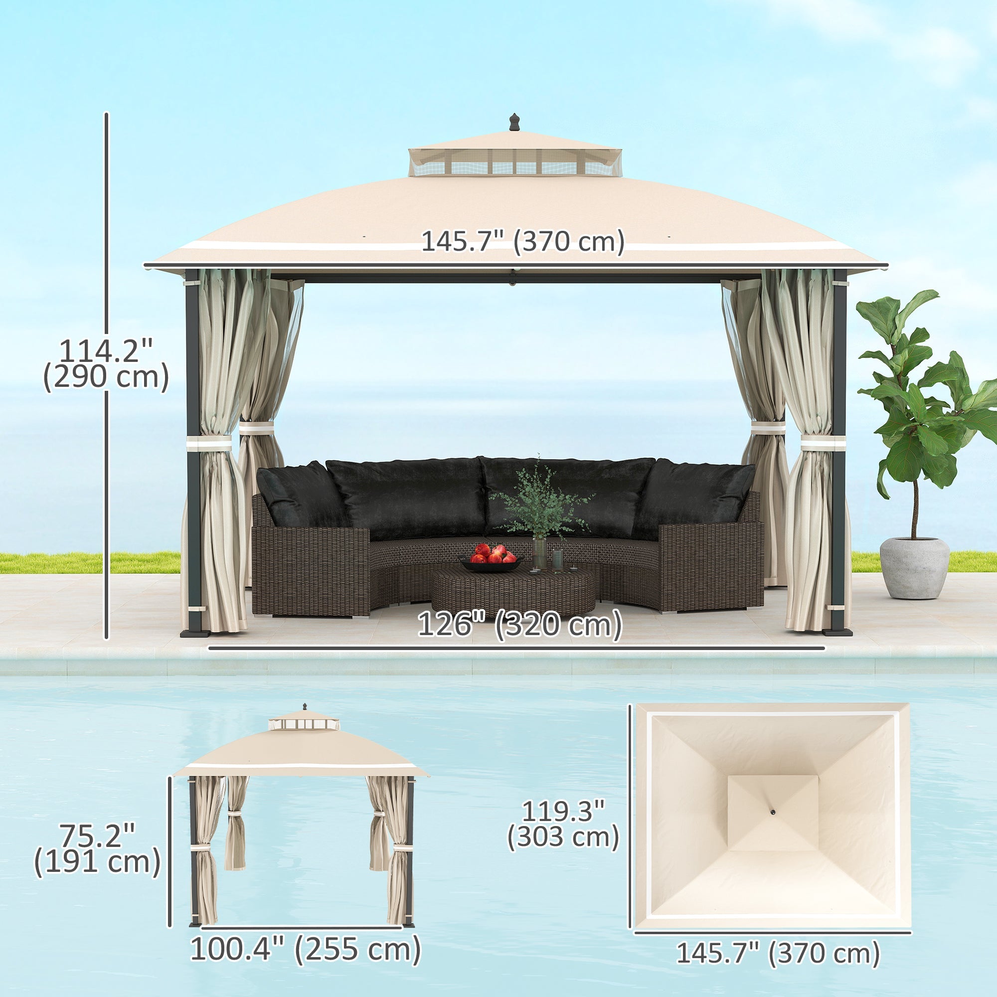 Outsunny 10' x 12' Outdoor Gazebo, Double Roof Patio Gazebo Canopy with Netting and Curtains for Garden, Lawn, Backyard, Deck