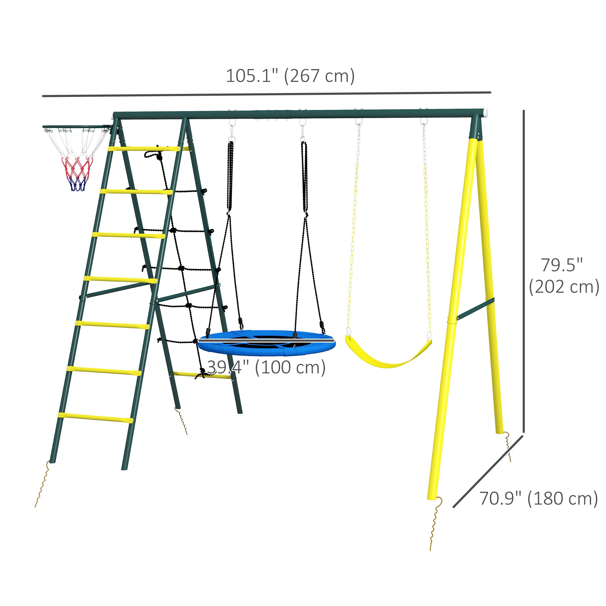 Outsunny Swing Set 4-in-1 for Kids, Saucer Swing, Seat, Climbing, Basketball Hoop, 3-8 Years, Yellow