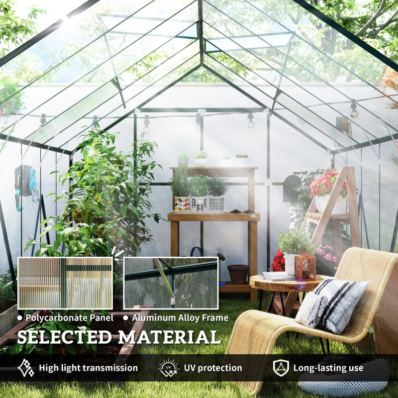 Aluminium Greenhouse Polycarbonate Walk-in Garden Greenhouse Kit with Adjustable Roof Vent, 8 x 12ft, Green