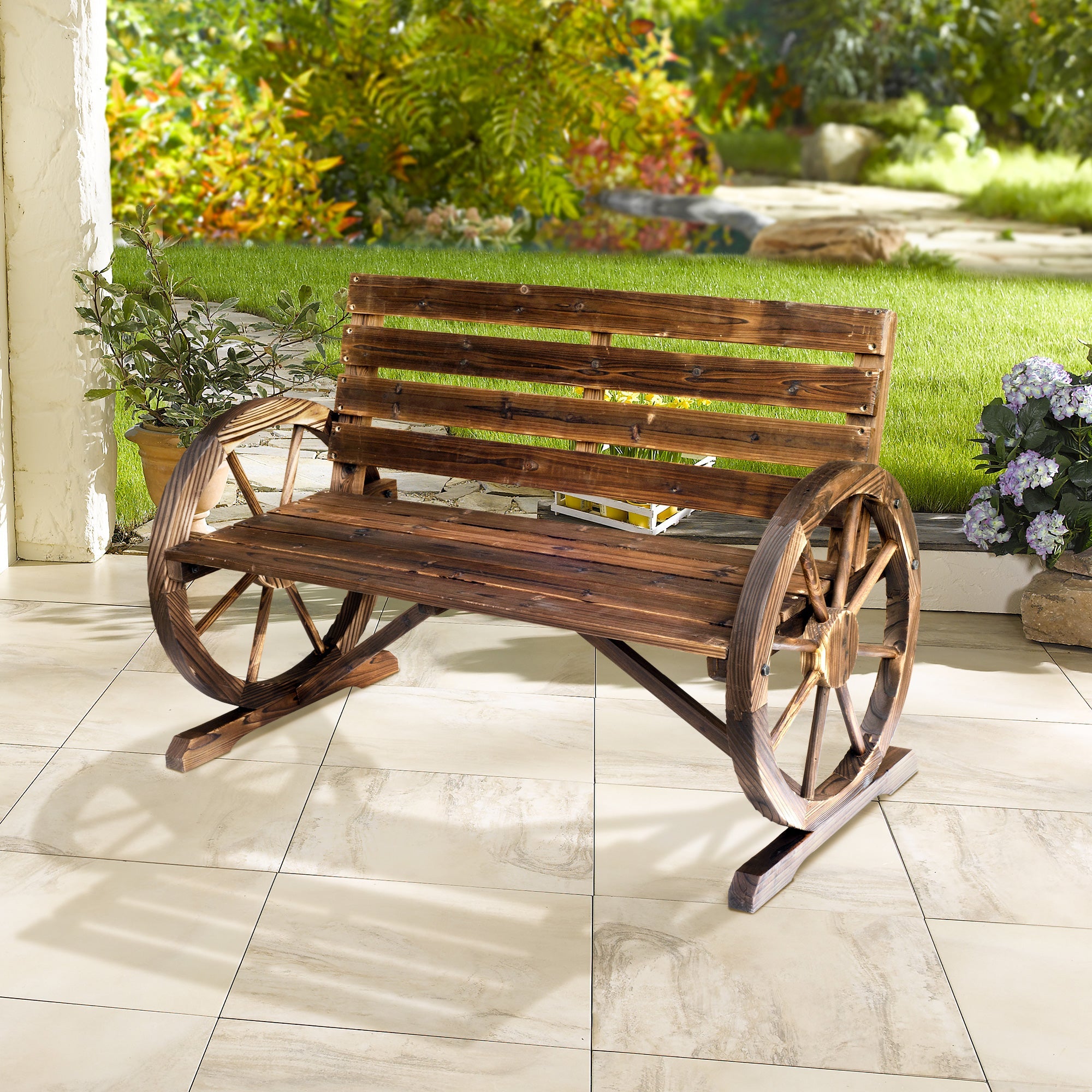 Outsunny 42" Wood Wagon Wheel Bench Rustic Garden Loveseat Outdoor Lounge Chair Brown