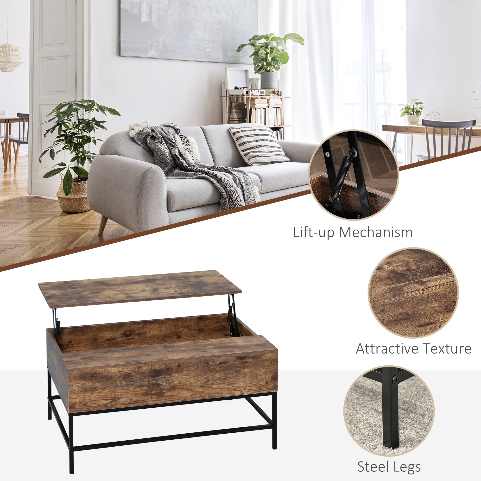 HOMCOM Rustic Brown Lift Top Coffee Table: Center Table with Hidden Storage Compartment for Living Room