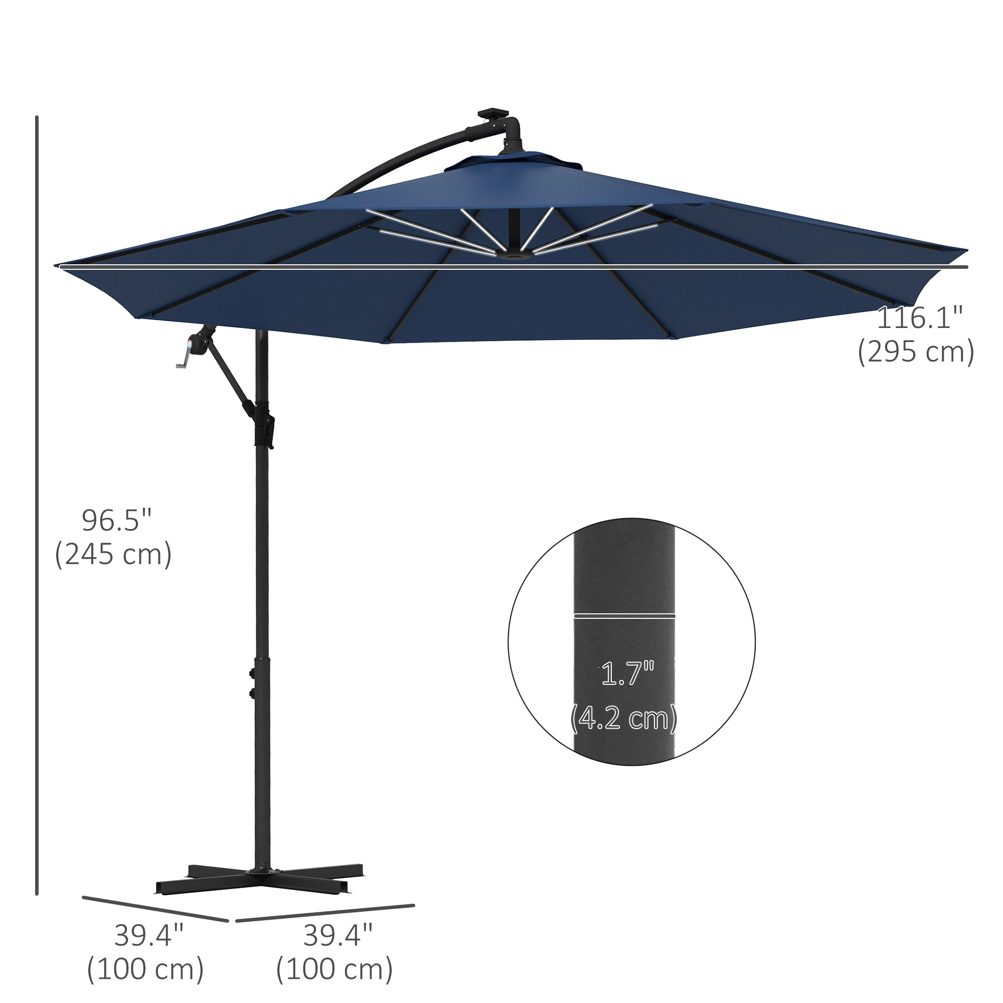 Outsunny 10ft Cantilever Hanging Offset Patio Umbrella Solar LED Lights Crank Cross Base Aluminum Blue
