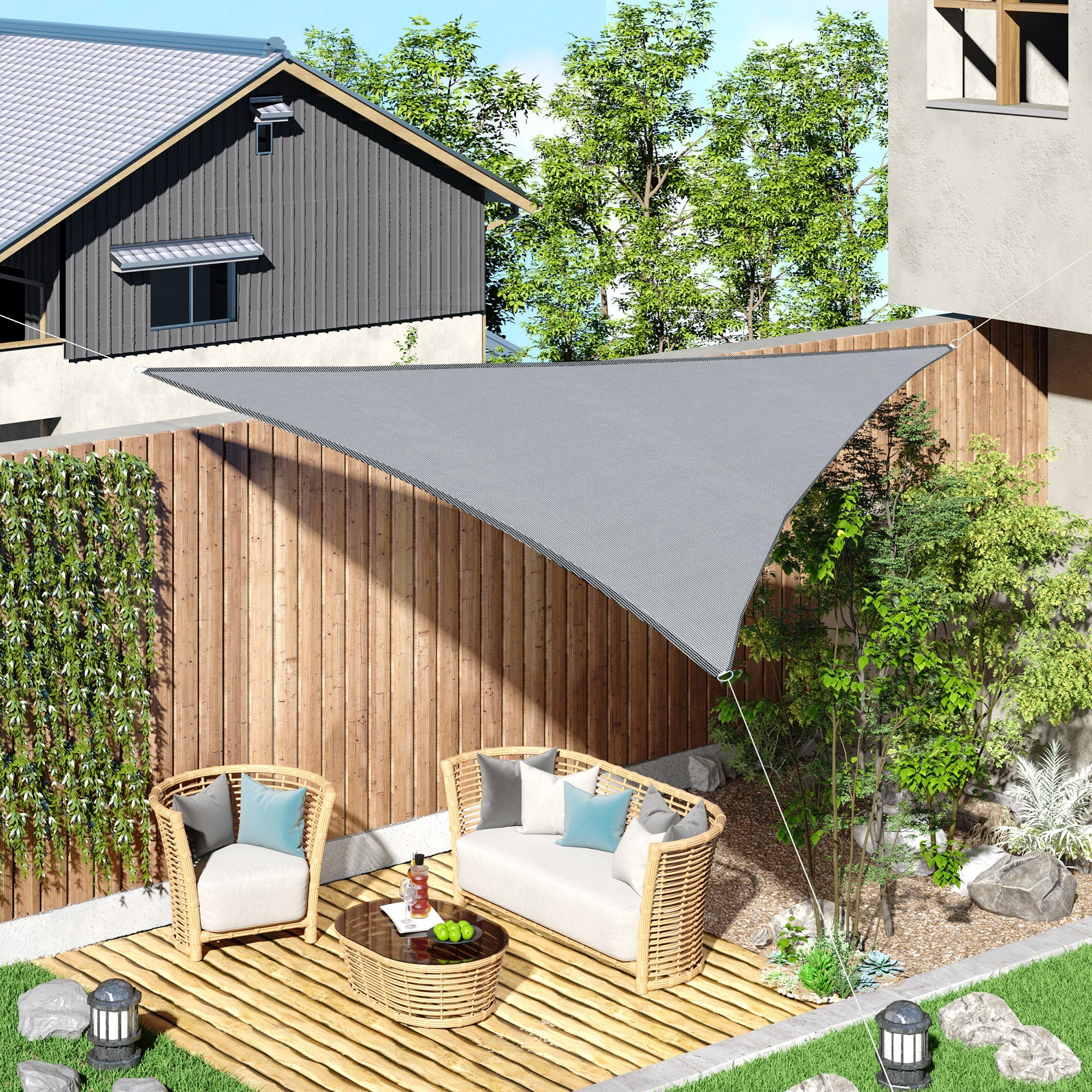 Outsunny Triangular Oasis: 10' Sun Shade Sail, UV Protection Canopy for Outdoor Patio, Garden, Lawn, Grey with Carrying Bag