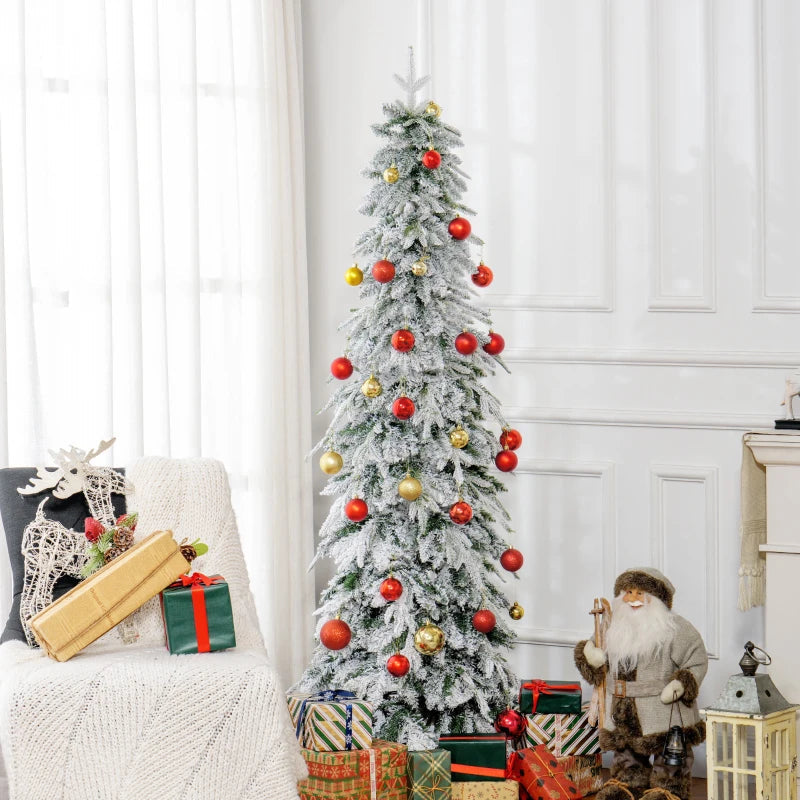 HOMCOM 7ft Pencil Flocked Artificial Christmas Tree – 800 Branch Tips, Auto-Open, Steel Base, Green