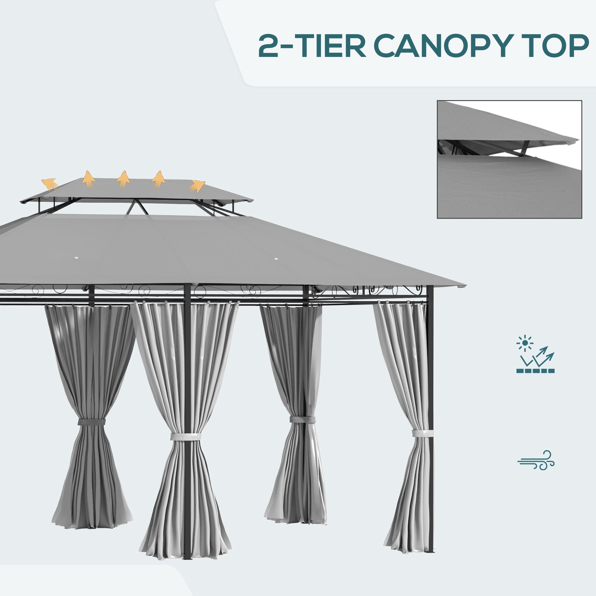 Outsunny 10' x 13' Outdoor Patio Gazebo 2-Tiers Canopy Sunshade Shelter with Curtains Dark Grey