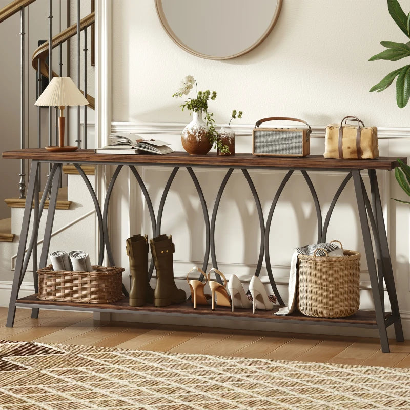 71" Console Table, Industrial 2-Tier Narrow Entryway Table with Metal Frame for Living Room, Hallway, Rustic Brown