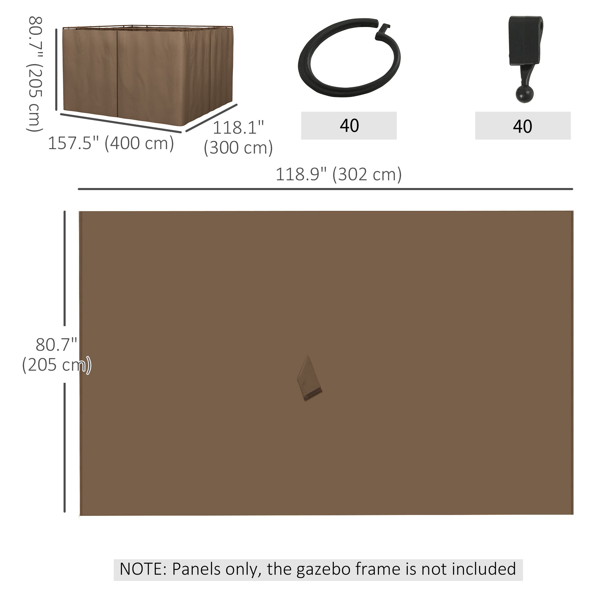 Outsunny Gazebo Curtain 10'x10' Sidewall Set 4 Panels with Hooks Brown for Outdoor Shelter