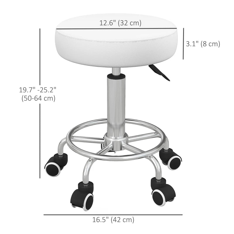 Salon Stool with Adjustable Height, PU Leather Barber Rolling Massage Tattoo Chair for Bar Beauty SPA, White