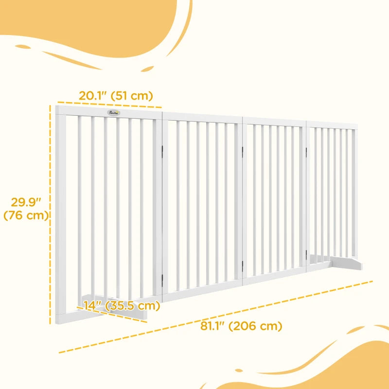 Free Standing Pet Gate, Foldable Dog Gates with 2 Support Feet, 4 Panels for Doorway Stairs, White