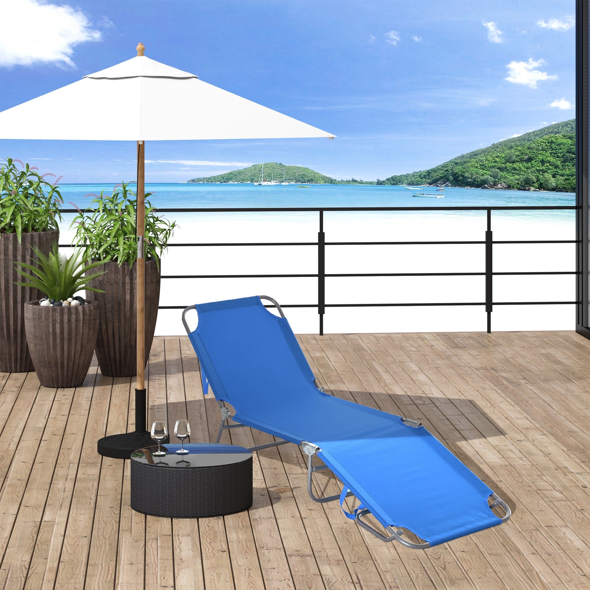 Outsunny Portable Folding Beach Lounger Reclining Outdoor Chair Patio Sun Lounge Bed Camping Cot Blue Durable