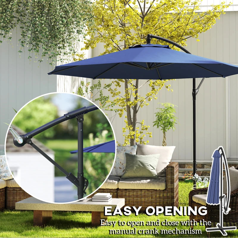 9.7ft Offset Patio UmbrellaCantilever Parasol with Crank Handle, 8 Ribs and Cross Base for Outdoor, Sun Shade, Blue