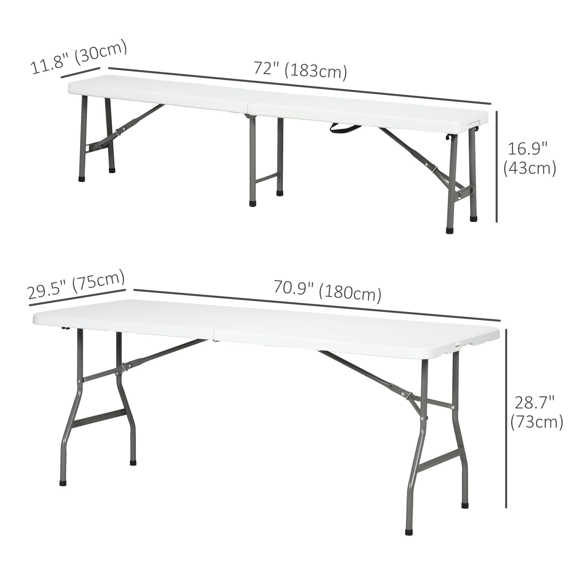 Outsunny 72" Folding Picnic Table Set, 2 Benches, 3-Piece Outdoor HDPE German Style Biergarten Foldable Beer Table for 6, White
