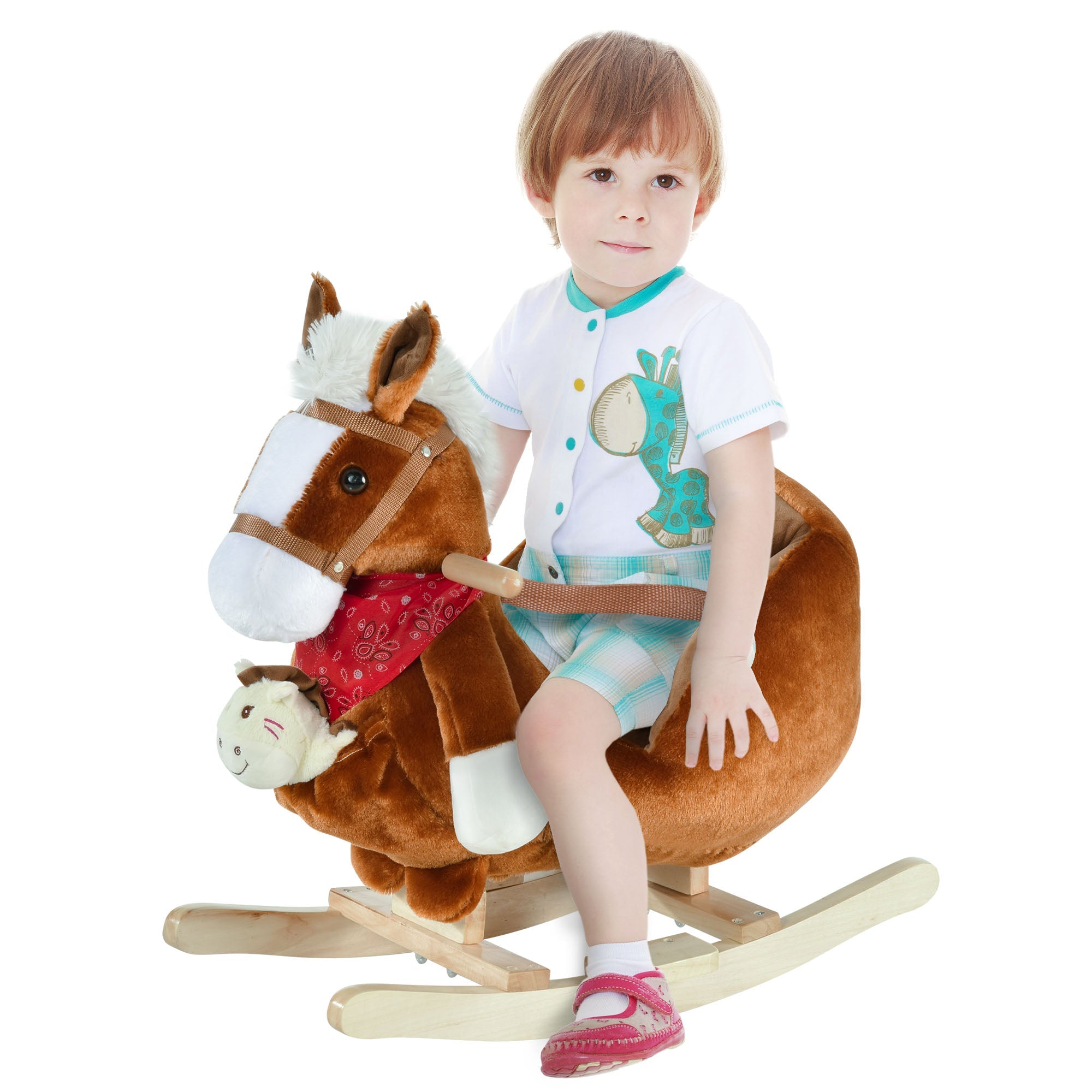 Qaba Kids Ride On Rocking Horse with Cradlesong Handle Grip Hand Puppet Traditional Toy Gift for Children 18-36 Months Brown
