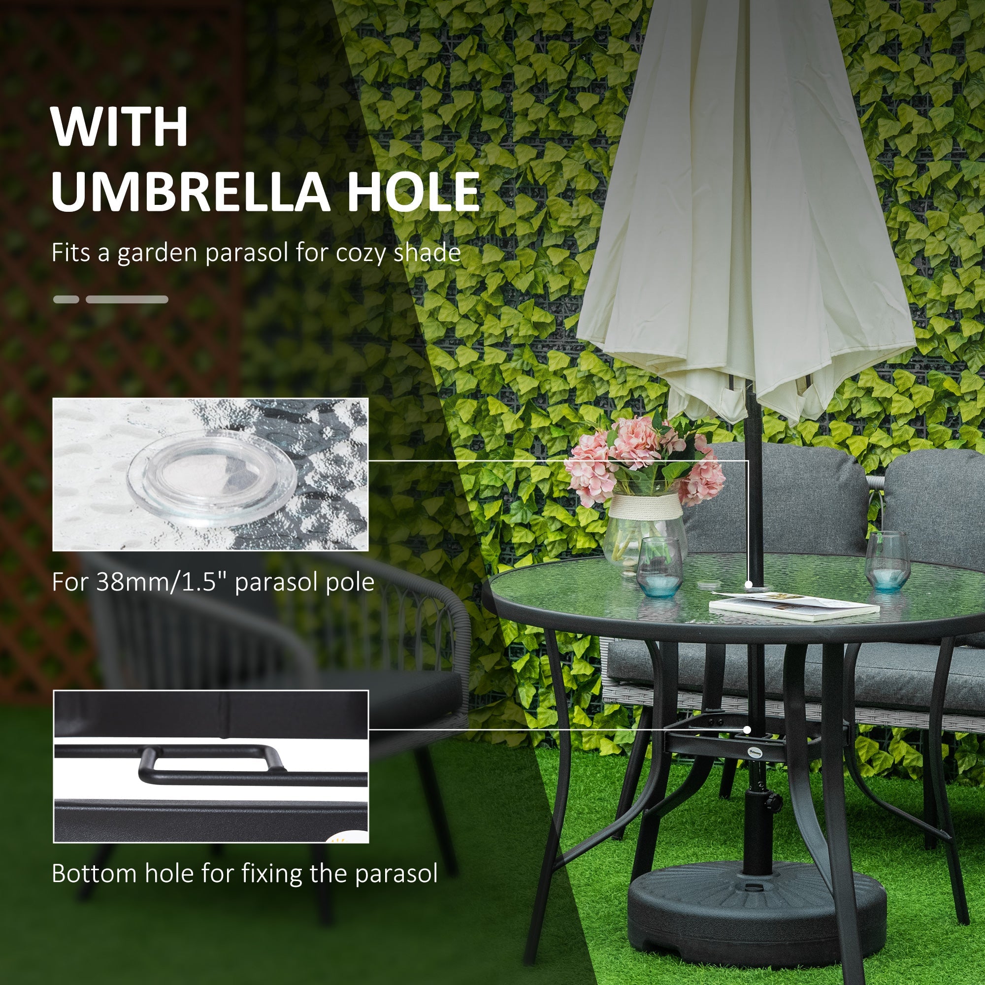 Outsunny Round Patio Dining Table 42-inch with Umbrella Hole for Backyard Steel
