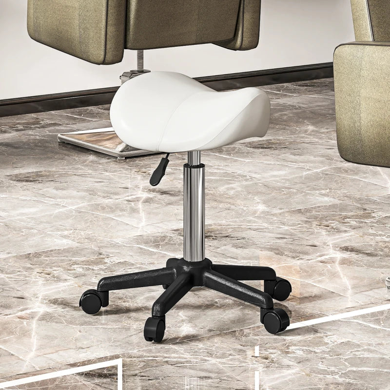 Saddle Stool, Adjustable Rolling Stool, White