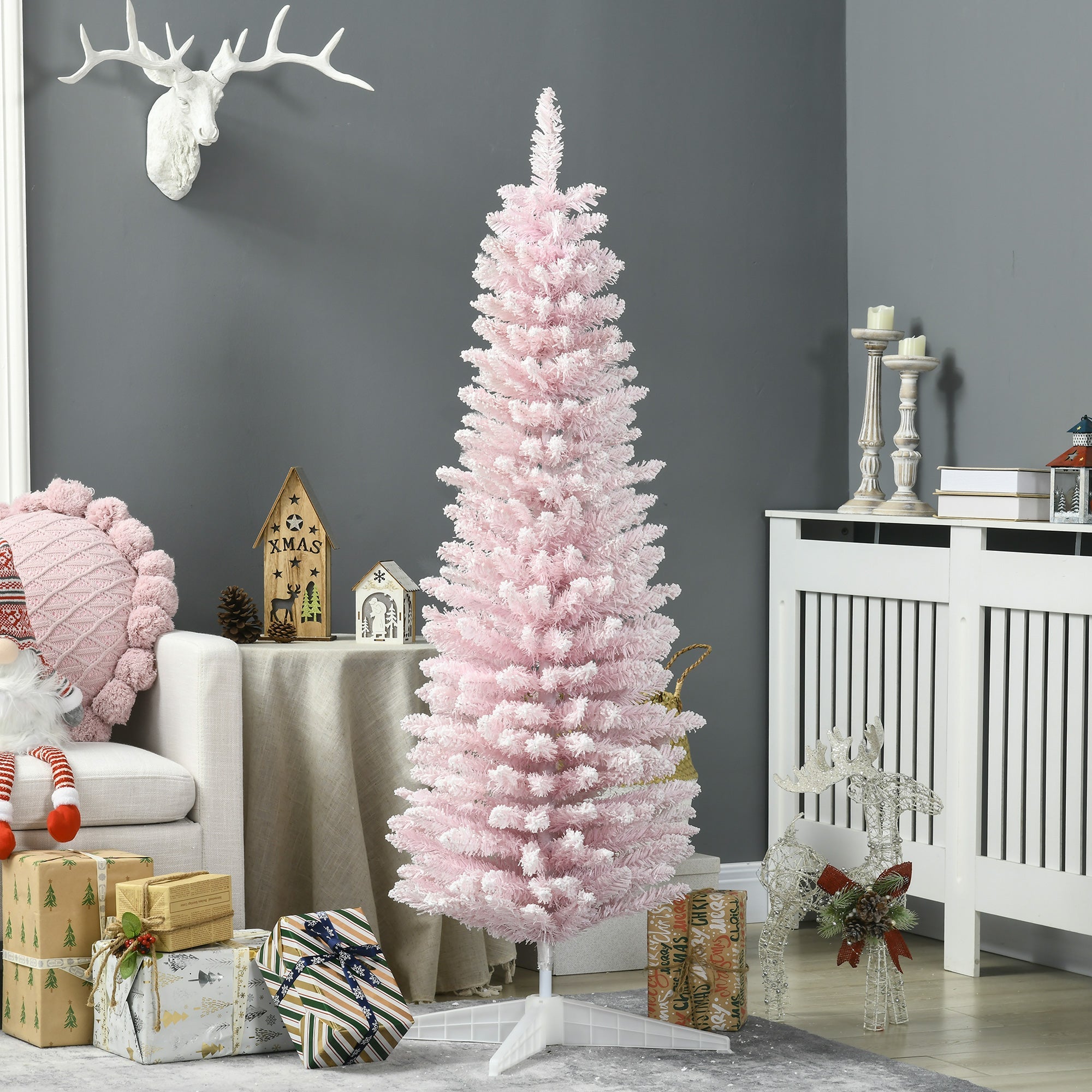 HOMCOM 5ft Flocked Christmas Tree, Pencil Artificial Christmas Tree with Realistic Branches, Pink