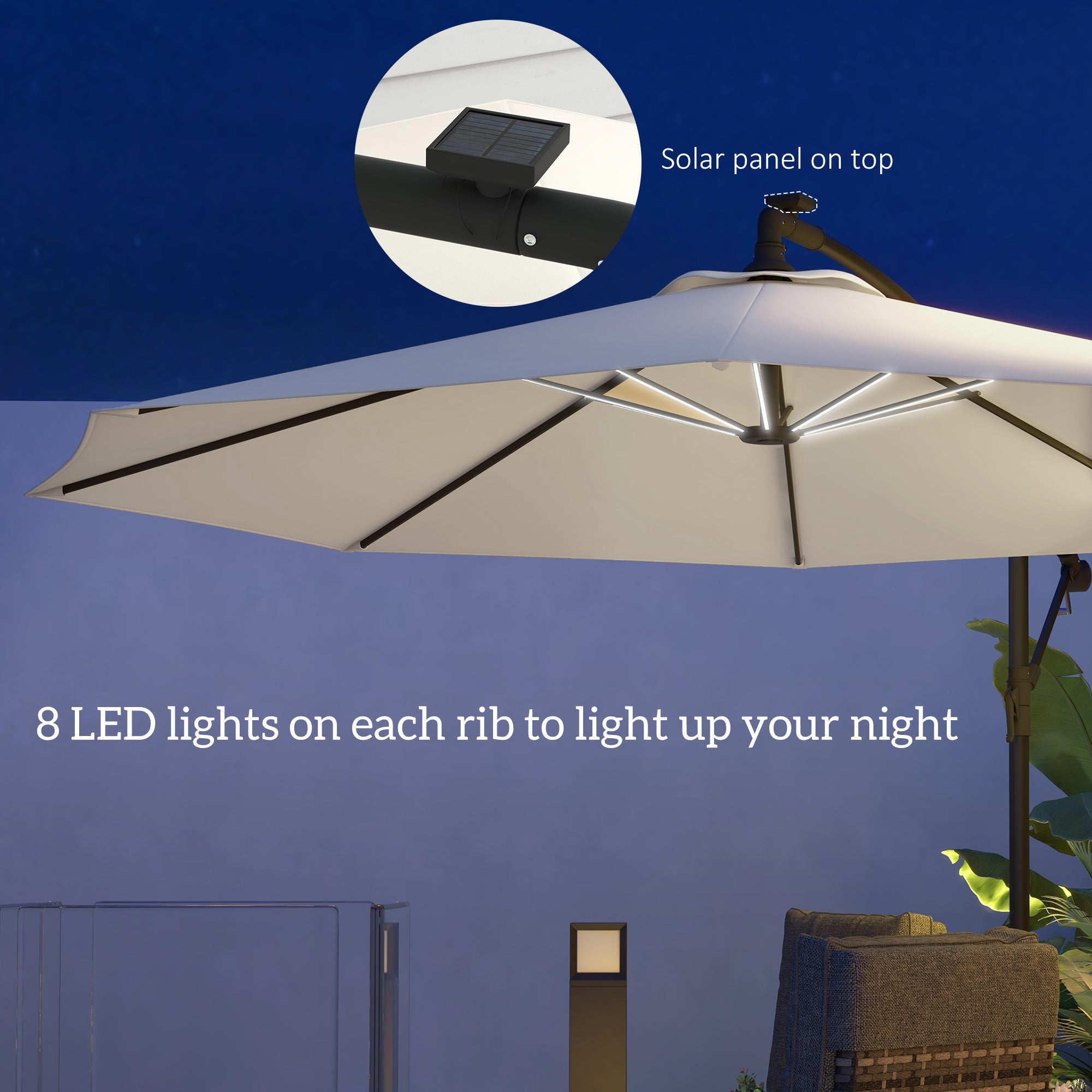 Outsunny 10' Cantilever Hanging Offset Umbrella Solar LED Lights Crank Cross Base Aluminum Frame Beige