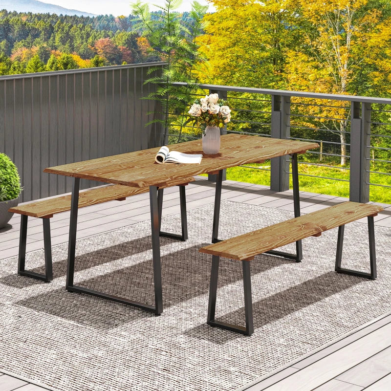 Picnic Table and Bench Set for 6 Persons with 2" Umbrella Hole, Slatted Top & Steel Frame, for Party, BBQ, Patio, Lawn