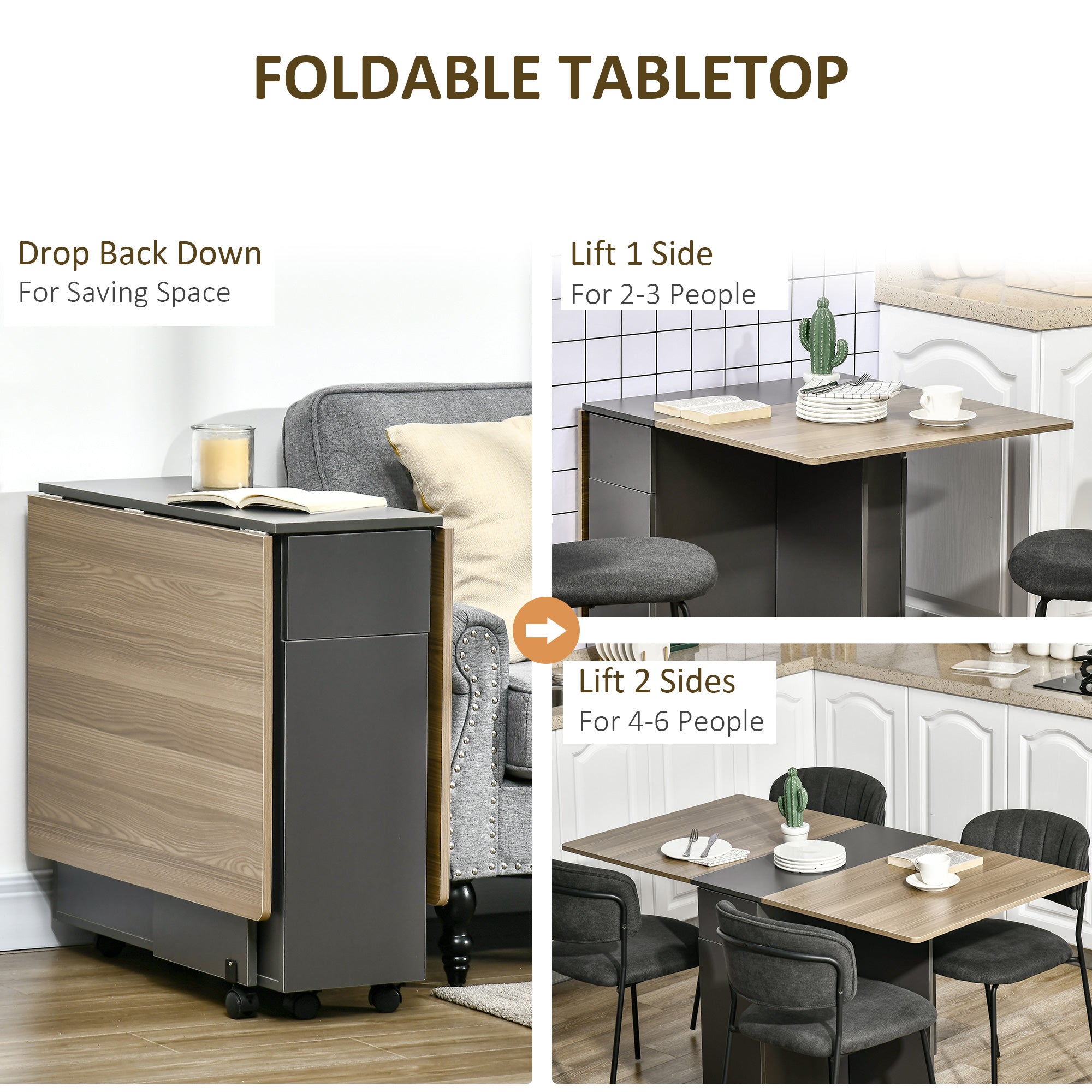HOMCOM Extendable Dining Table Drop Leaf Design 2 Drawers Storage Cabinet Folding Space-Saving 6 Wheels