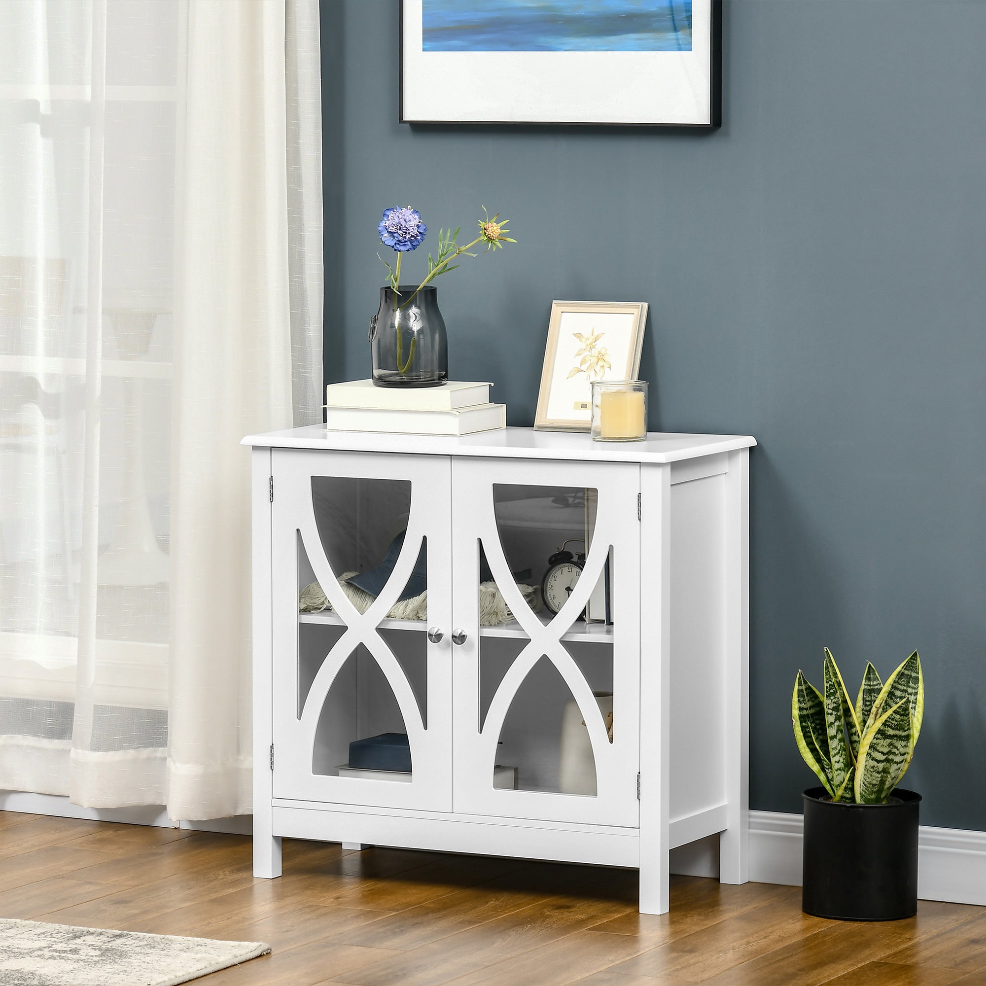 HOMCOM White Glass Door Sideboard: Buffet Cabinet with Accent Cupboard & Adjustable Shelf for Dining & Living Rooms