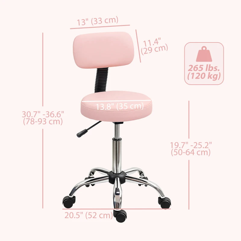 Adjustable Rolling Stool with Removable Backrest, Faux Leather Swivel Stool Chair for Salon Spa, Bar, Massage, Pink