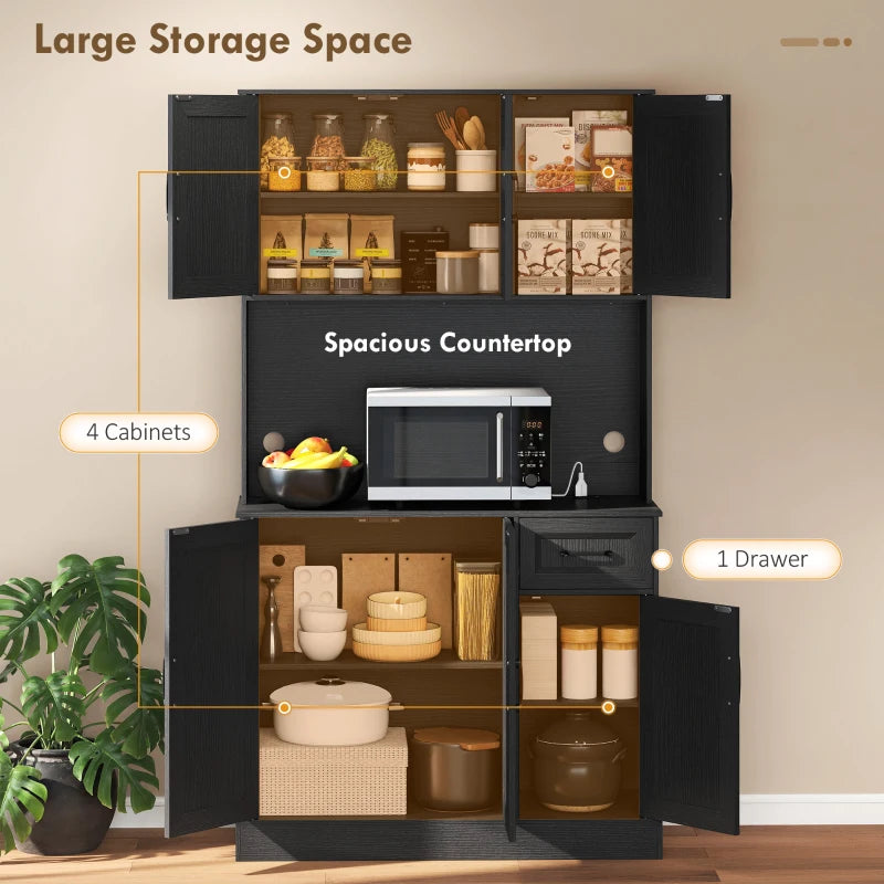 71" Pantry Cabinet with Charging Station, Kitchen Storage Cabinet with Microwave Stand, Adjustable Shelves, Black