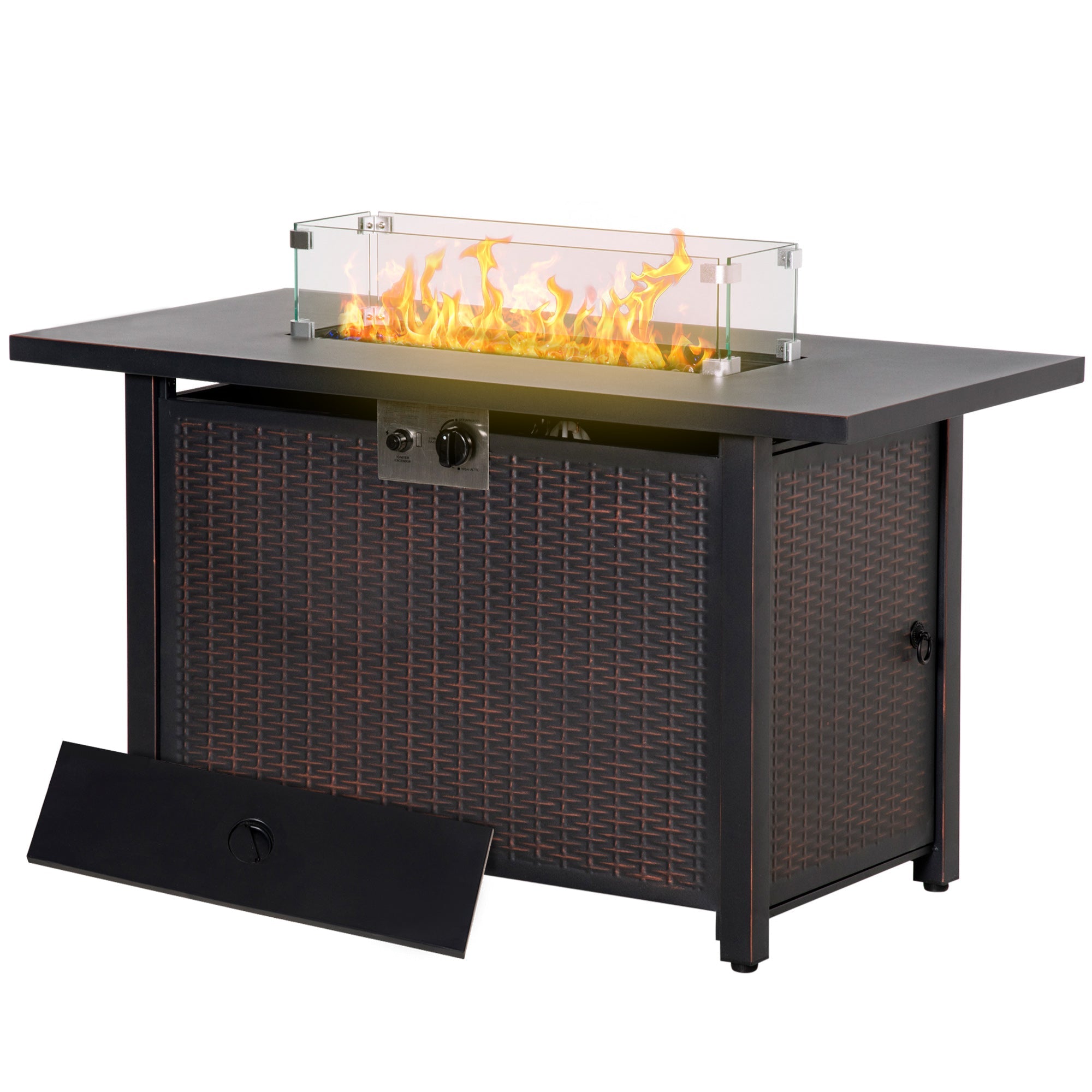 Outsunny 43" Outdoor Propane Gas Fire Pit Table, Wicker Patio Gas Firepit w/ Glass Wind Guard, 50,000 BTU CSA Certified Bronze