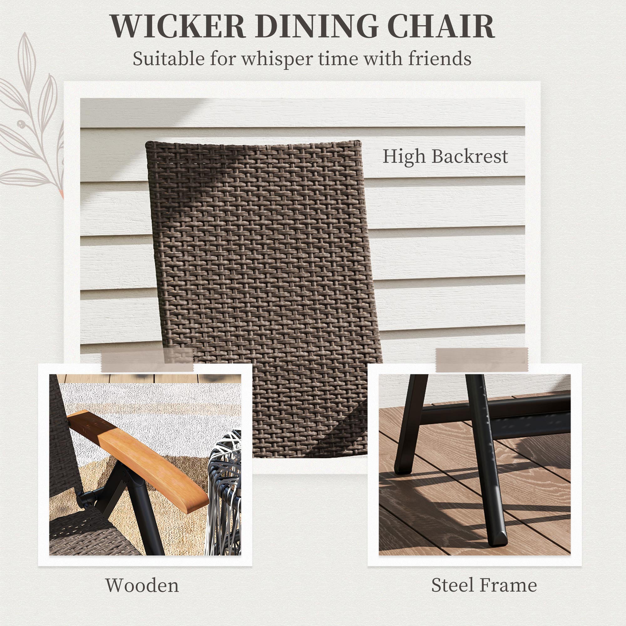 Outsunny Folding Patio Wicker Dining Chair with Steel Frame, Armrest, Backrest for Outdoor, Garden, Backyard, Brown