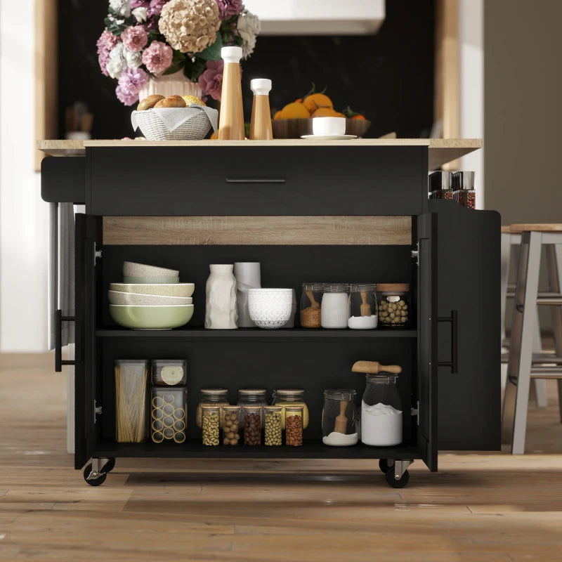 Kitchen Island with Storage, Rolling Kitchen Cart with Foldable Drop Leaf, Power Outlet and USB Ports, Black