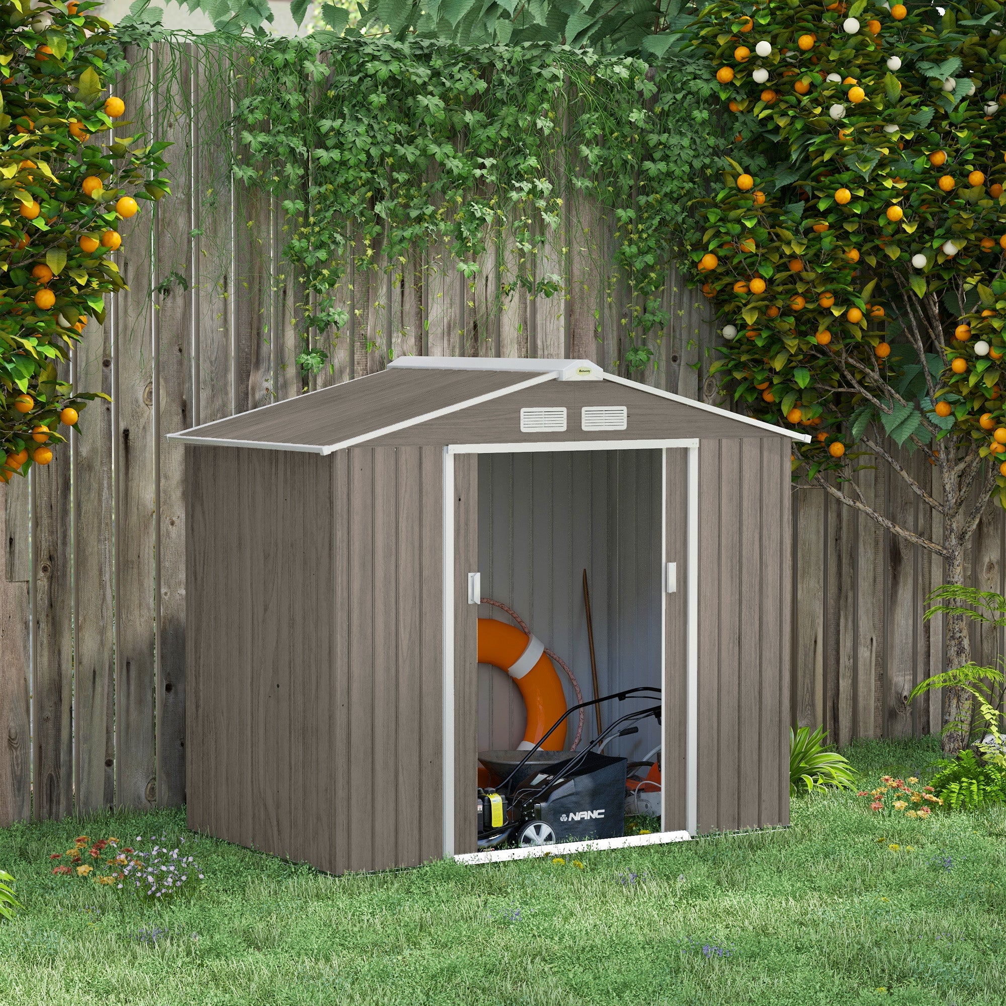 Outsunny 7'x4'x6' Outdoor Garden Storage Shed Metal Tool House Foundation Kit Double Doors Light Brown